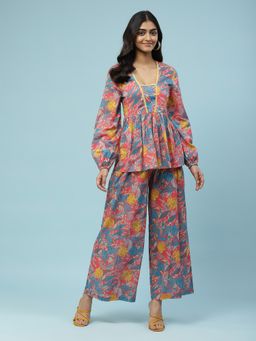 Aarke Ritu Kumar - Multi-Color Floral Print Top with Palazzo Co-ord (Set of 2)