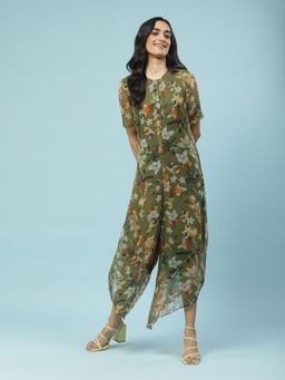 Aarke Ritu Kumar - Green Floral Print Asymmetrical Jumpsuit