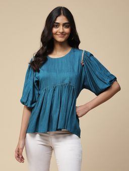 Aarke Ritu Kumar - Blue Woven Gathered Top