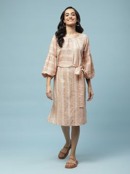 Aarke Ritu Kumar - Peach Woven Midi Dress with Belt (Set of 2)