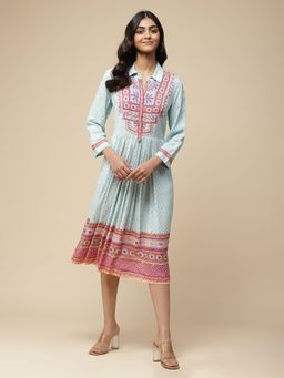 Aarke Ritu Kumar - Blue Printed Collar Neck Midi Dress