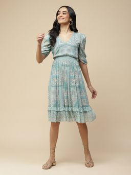 Aarke Ritu Kumar - Blue Printed Ruffled Dress