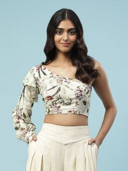 Aarke Ritu Kumar - Off White Floral Print One Shoulder Crop Top