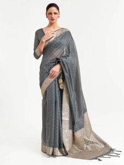 Odette - Grey Festive Silk Blend Woven Design Saree with Unstitched Blouse
