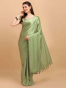 Amrutam Fab - Womens Satin Silk Green Saree With Digital Printed Unstitched Blouse Piece