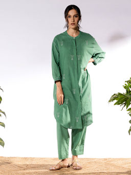 PANTS AND PAJAMAS - Green Chikan Cotton Kurta Shirt & Salwar (Set of 2)