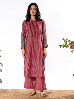 PANTS AND PAJAMAS - Red & Lilac Cotton Kurta & Pant (Set of 2)