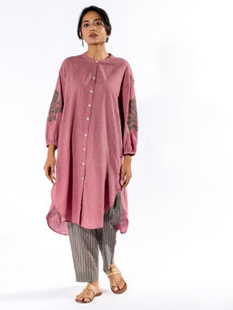 PANTS AND PAJAMAS - Pink Cotton Tunic Shirt With Cotton Pant (Set of 2)