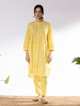 PANTS AND PAJAMAS - Yellow Chikan Cotton Kurta