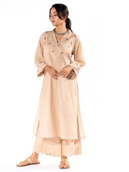 PANTS AND PAJAMAS - Beige Chikan Cotton Kurta