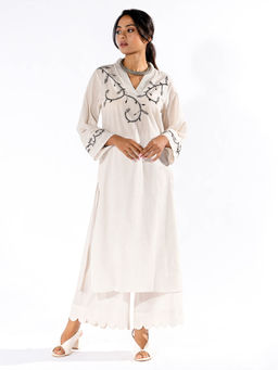 PANTS AND PAJAMAS - White Chikan Cotton Kurta
