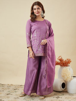 Colors Of Earth - Women Lavender Embroidered Silk Kurti with Palazzo and Dupatta