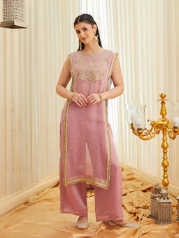 Colors Of Earth - Pink Embroidered Silk Tailored Kurta with Spaghetti Blouse and Palazzo