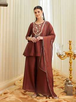 Colors Of Earth - Brown Embroidered Silk Regular Kurti and Palazzo and Dupatta