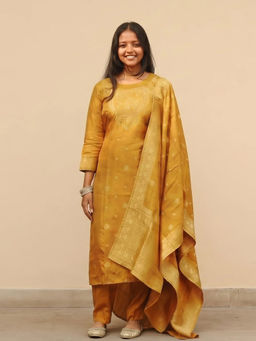 Cotton Culture - Mustard Woven Santoon Regular Kurta with Pant and Dupatta