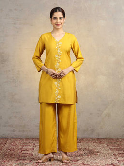 Cotton Culture - Yellow Floral Silk Regular Kurta and Palazzo