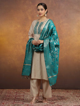 Cotton Culture - Cream Embroidered Silk Regular Kurta with Pant and Dupatta