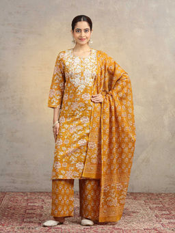 Cotton Culture - Mustard Floral Pure Cotton Regular Kurta with Pant and Dupatta