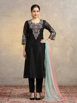 Cotton Culture - Black Floral Chanderi Regular Kurta with Pant and Dupatta