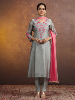 Cotton Culture - Grey Floral Chanderi Regular Kurta with Pant and Dupatta