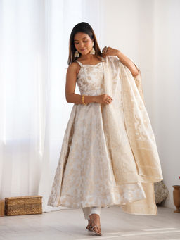 THE52 - White Printed Jacquard Flared Anarkali Kurta and Palazzo and Dupatta