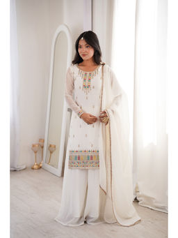 THE52 - Off White Embroidered Silk Blend Straight Kurta with Palazzo and Dupatta