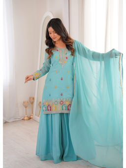 THE52 - Blue Embroidered Silk Blend Straight Kurta with Sharara and Dupatta