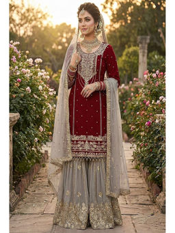 Mirraw - Maroon Embroidered Georgette Regular Kurta with Sharara and Dupatta