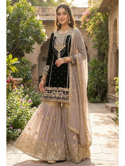 Mirraw - Black Embroidered Georgette Regular Kurta with Sharara and Dupatta