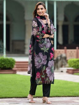 Mirraw - Black Printed Georgette Regular Kurta with Pant and Dupatta