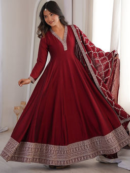 Mirraw - Maroon Embroidered Silk Blend Regular Anarkali Kurta and Pant and Dupatta