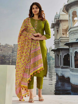 Mirraw - Olive Embroidered Cotton Regular Kurta with Pant and Dupatta