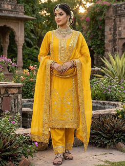Mirraw - Yellow Embroidered Silk Blend Relaxed Kurta with Pant and Dupatta
