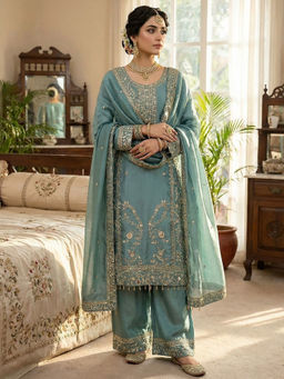 Mirraw - Blue Embroidered Silk Blend Regular Kurta with Pant and Dupatta
