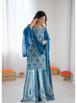 Mirraw - Blue Embroidered Georgette Regular Kurta with Palazzo and Dupatta