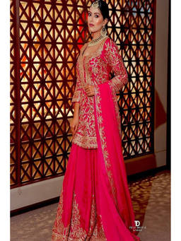 Mirraw - Pink Embroidered Silk Blend Regular Kurta with Palazzo and Dupatta