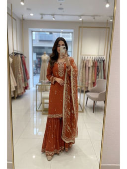 Mirraw - Orange Embroidered Silk Blend Regular Kurta with Sharara and Dupatta