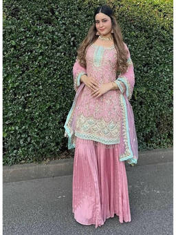 Mirraw - Pink Embroidered Silk Blend Regular Kurta with Palazzo and Dupatta
