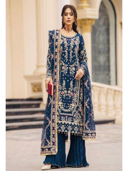 Mirraw - Blue Embroidered Georgette Regular Kurta with Palazzo and Dupatta