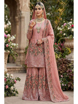 Mirraw - Rose Gold Embroidered Silk Blend Regular Kurta with Palazzo and Dupatta