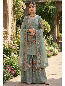Mirraw - Green Embroidered Silk Blend Regular Kurta with Sharara and Dupatta