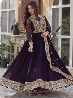 Mirraw - Wine Embroidered Georgette Regular Anarkali Kurta and Pant and Dupatta