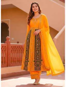 Mirraw - Yellow Embroidered Georgette Regular Anarkali Kurta and Pant and Dupatta