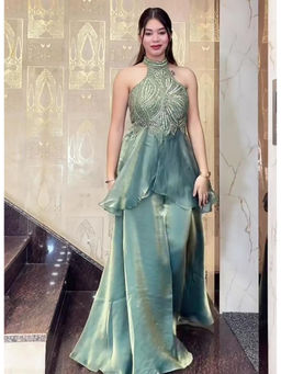 Mirraw - Green Embroidered Silk Blend Regular Kurta and Palazzo