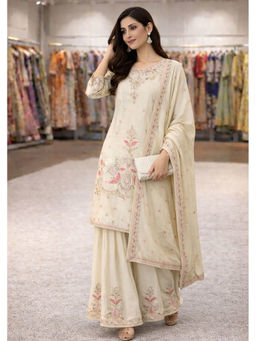 Mirraw - White Embroidered Silk Blend Regular Kurta with Palazzo and Dupatta