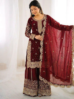 Mirraw - Maroon Embroidered Silk Blend Regular Kurta with Palazzo and Dupatta