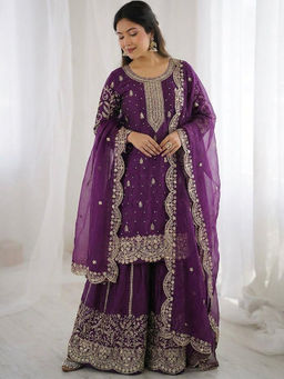 Mirraw - Purple Embroidered Silk Blend Regular Kurta with Palazzo and Dupatta