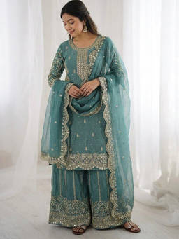 Mirraw - Blue Embroidered Silk Blend Regular Kurta with Palazzo and Dupatta