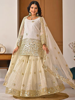 Mirraw - White Embroidered Georgette Regular Kurta with Sharara and Dupatta