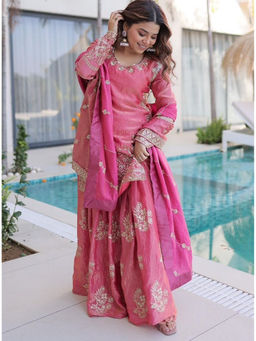 Mirraw - Pink Embroidered Silk Blend Regular Kurta with Palazzo and Dupatta